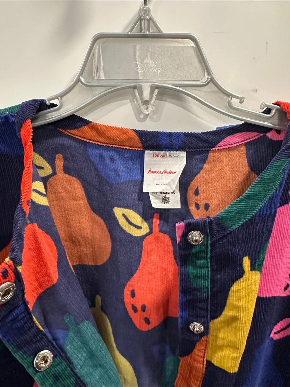 Hanna Andersson Corduroy Dress Long Sleeve Navy Colorful Pear Print Size 120 6/7